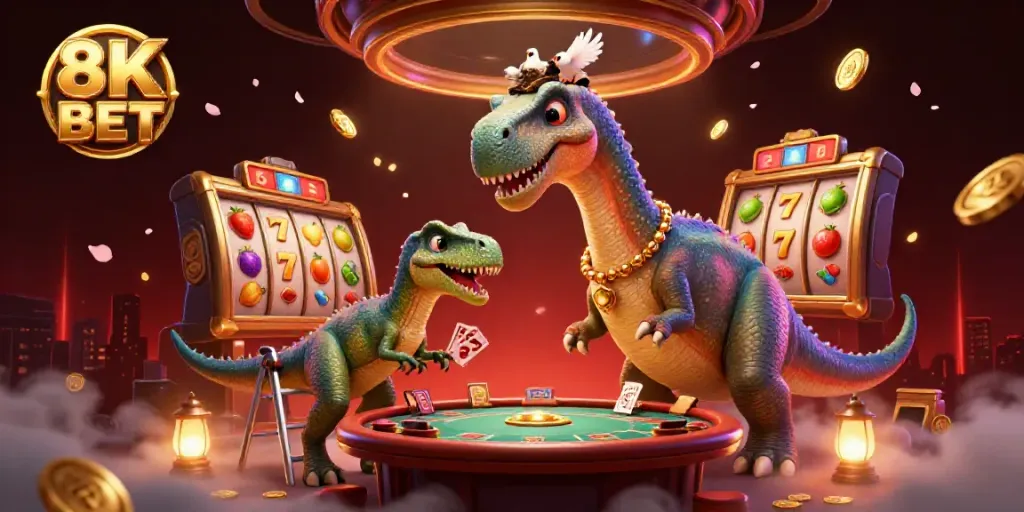 Engage with 8K BET through a dynamic casino scene featuring a towering brontosaurus and clever raptor dealer.
