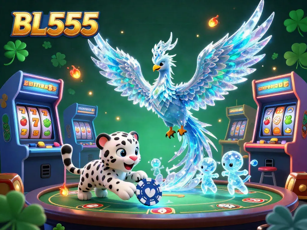 BL555 phoenix and leopard cub enjoying vibrant casino games, including poker chips and glowing arcade machines.