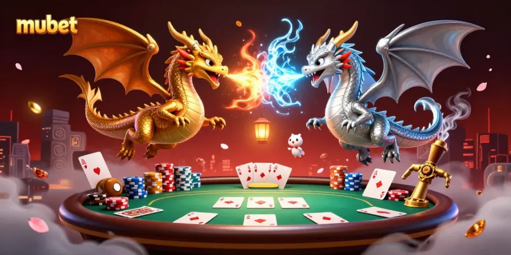 Engage in thrilling excitement with mubet, showcasing a dynamic duel of fire and ice dragons amidst a vibrant casino scene.