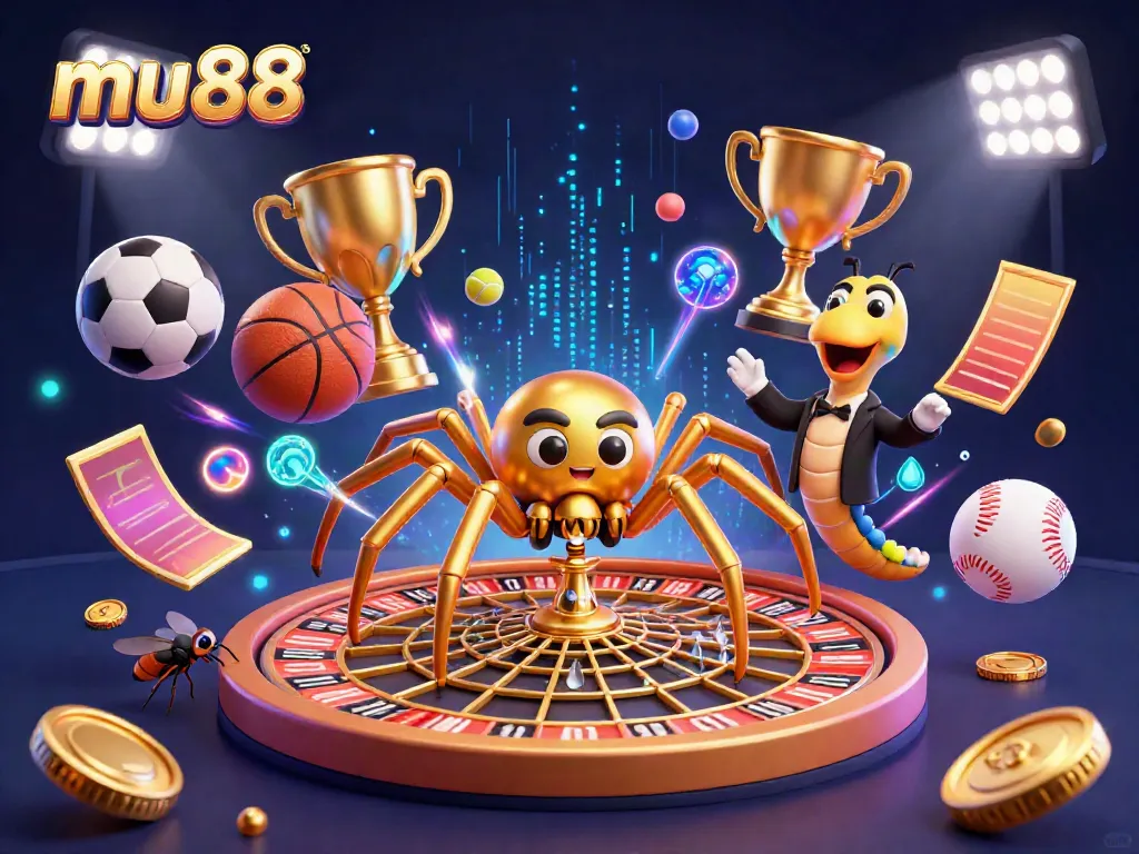 Engage in thrilling bets at mu88 with a vibrant casino-themed illustration showcasing a roulette wheel and sports elements.