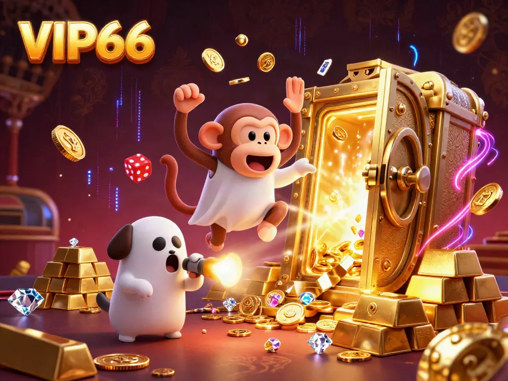 Engage with VIP66 casino themed adventure featuring a playful monkey and ghost-hunter puppy.