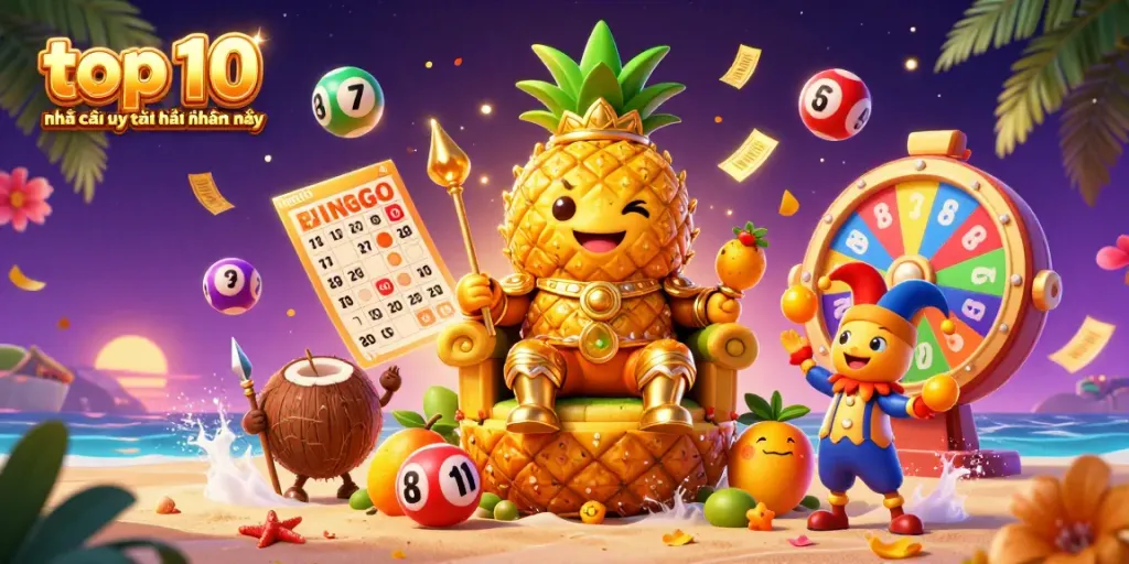Join the golden pineapple king in this illustration celebrating the top 10 nhà cái uy tín nhất hiện nay through vibrant gambling elements.