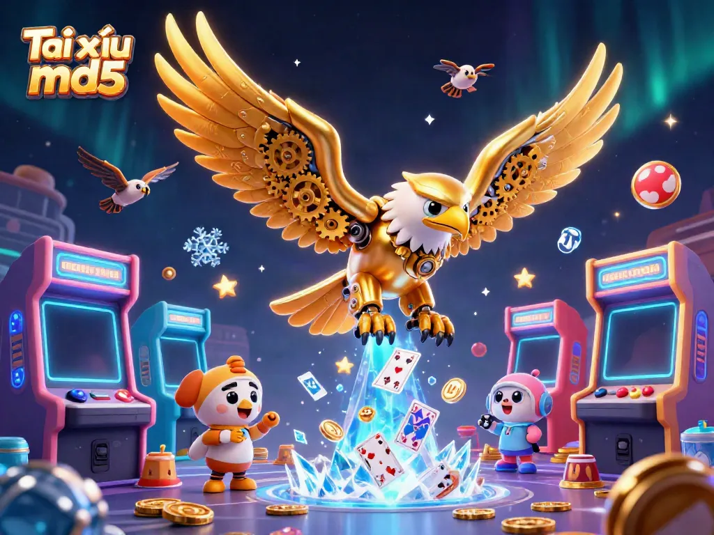 Tài xỉu md5 illustration showcasing a dynamic scene with a cybernetic eagle amidst vibrant casino elements.