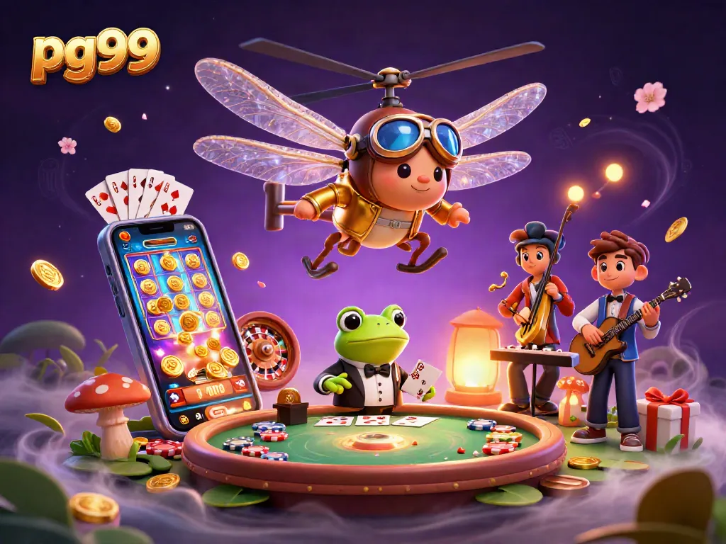 Engage with pg99's unique casino experience illustrated by vibrant 3D characters and game elements.
