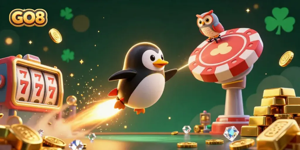 Experience GO8 excitement with a golden penguin zooming towards a poker chip casino, surrounded by splashes of gold.