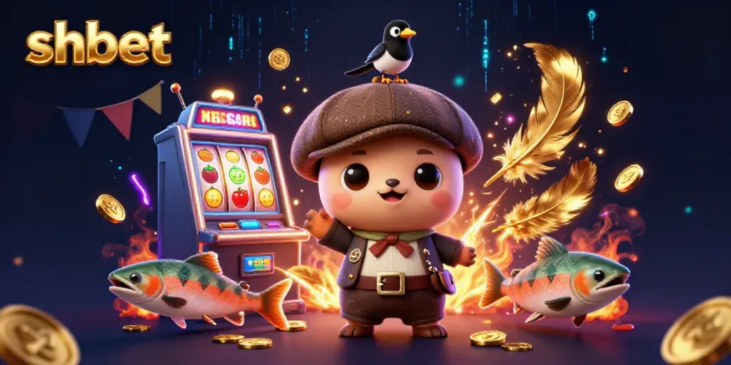 Engage in thrilling gameplay at shbet featuring a lively 3D illustration of slot machines, charming characters, and vibrant casino elements.