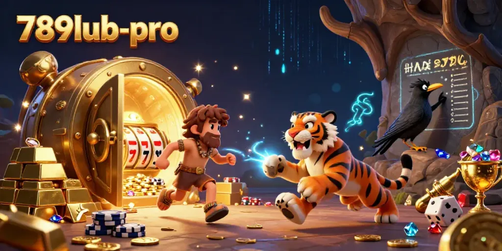 Experience the thrilling world of 789lub-pro with a prehistoric casino scene featuring gaming elements and rich colors.
