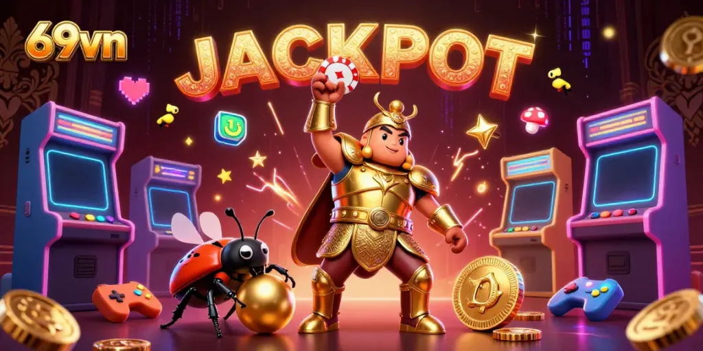 Experience the excitement of 69vn with a victorious beetle character and a vibrant casino-themed scene.
