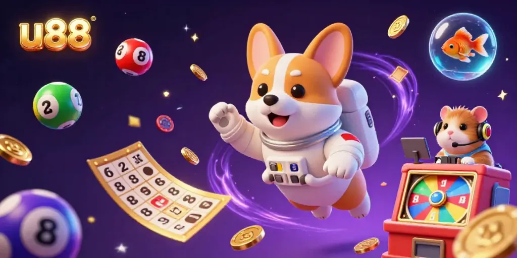Experience a thrilling space casino adventure with u88's floating characters and vibrant game elements.