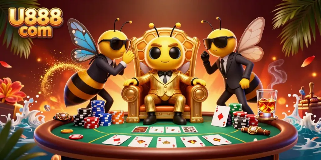Experience the excitement of U888 com with vibrant casino-themed 3D illustration featuring a bee mob boss.
