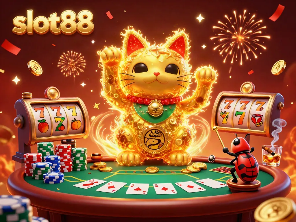 Experience excitement with slot88 in this vibrant 3D illustration featuring a lucky cat and classic casino elements.