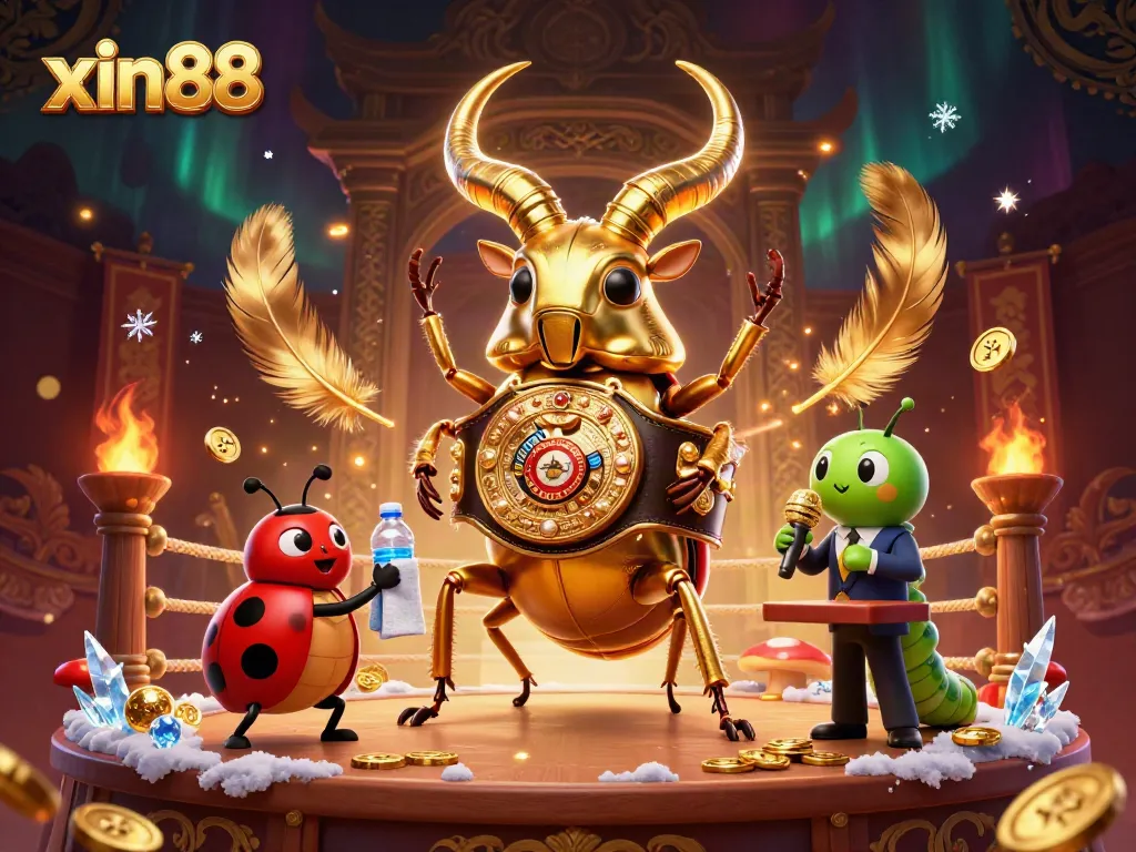 Bet on exciting games at xin88 with a vibrant scene showing a giant beetle boxing champion.