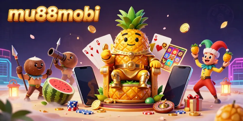 Experience exciting gameplay at mu88mobi with a vibrant 3D casino scene featuring a golden pineapple king.