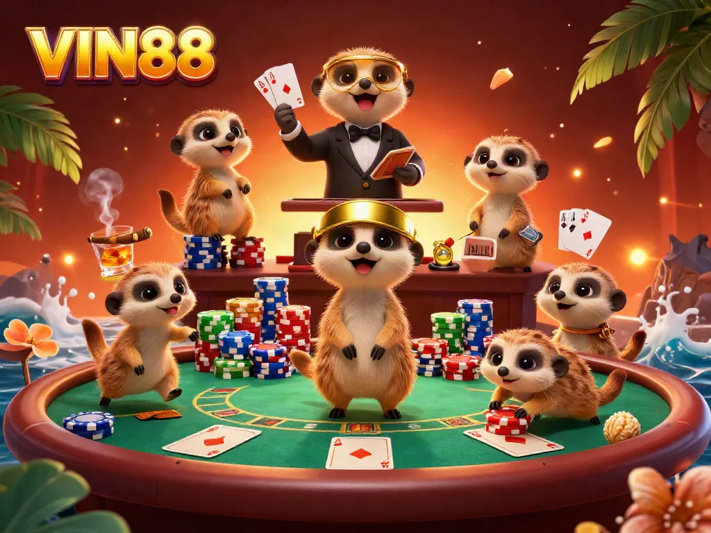 VIN88 meerkats operating a vibrant casino with poker games and colorful chips