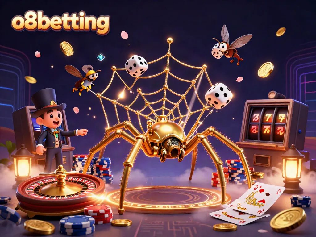 Explore the vibrant world of o8betting with a dynamic 3D illustration of a golden spider and Victorian gentleman amidst casino elements.