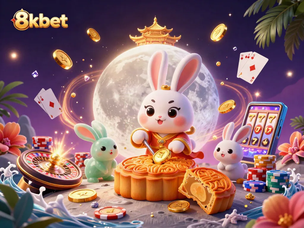 8xbet showcases a lively gambling scene with a moon rabbit and poker chips, reflecting dynamic casino excitement.