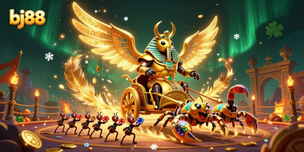 Engage with bj88's thrilling casino experience featuring a colossal golden scarab and scorpions in a vibrant arena.