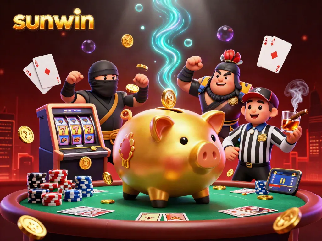 Join the sunwin gaming experience with this vibrant illustration featuring a golden piggy bank sumo wrestler and friends.