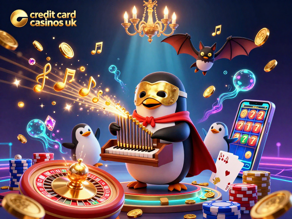 Engage with top credit card casinos UK through a dynamic 3D casino scene featuring a charming phantom penguin.
