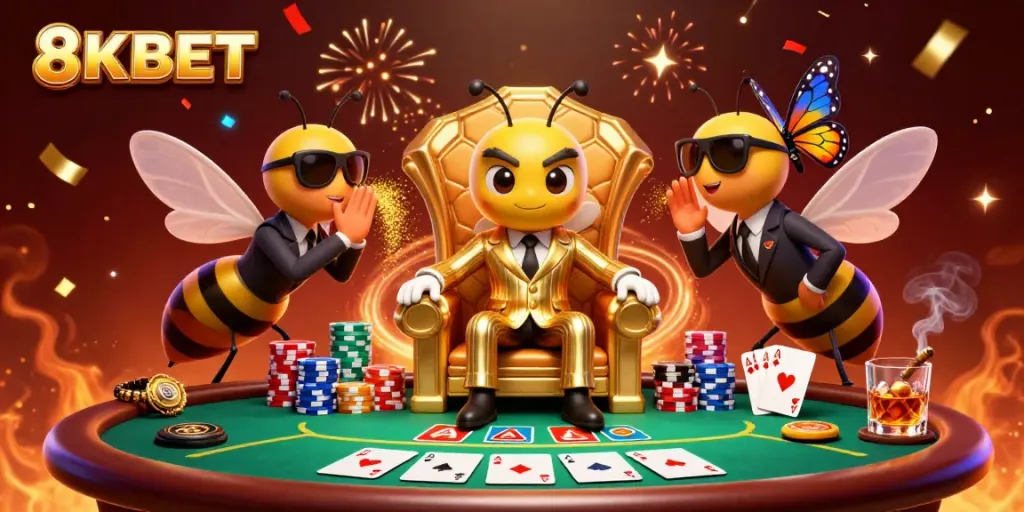 Engage with 8KBET's exciting poker atmosphere featuring a lively bumblebee mob boss and dynamic game elements.