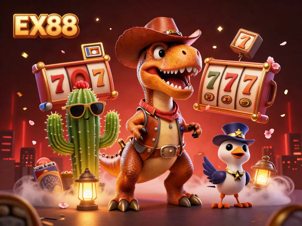 Experience thrilling gameplay at EX88 with animated slot reels and dynamic characters.