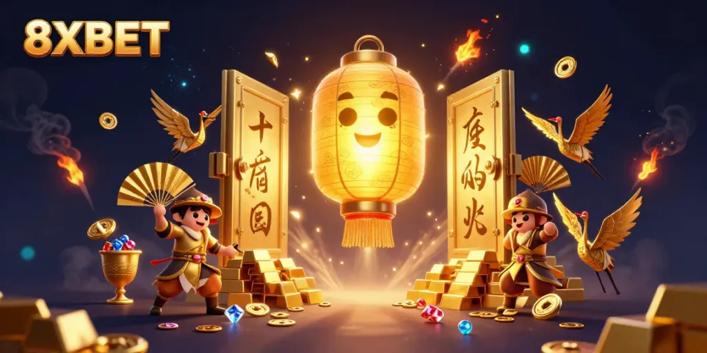 Experience the excitement of 8XBET with a vibrant 3D casino scene showcasing enchanting characters and treasures.