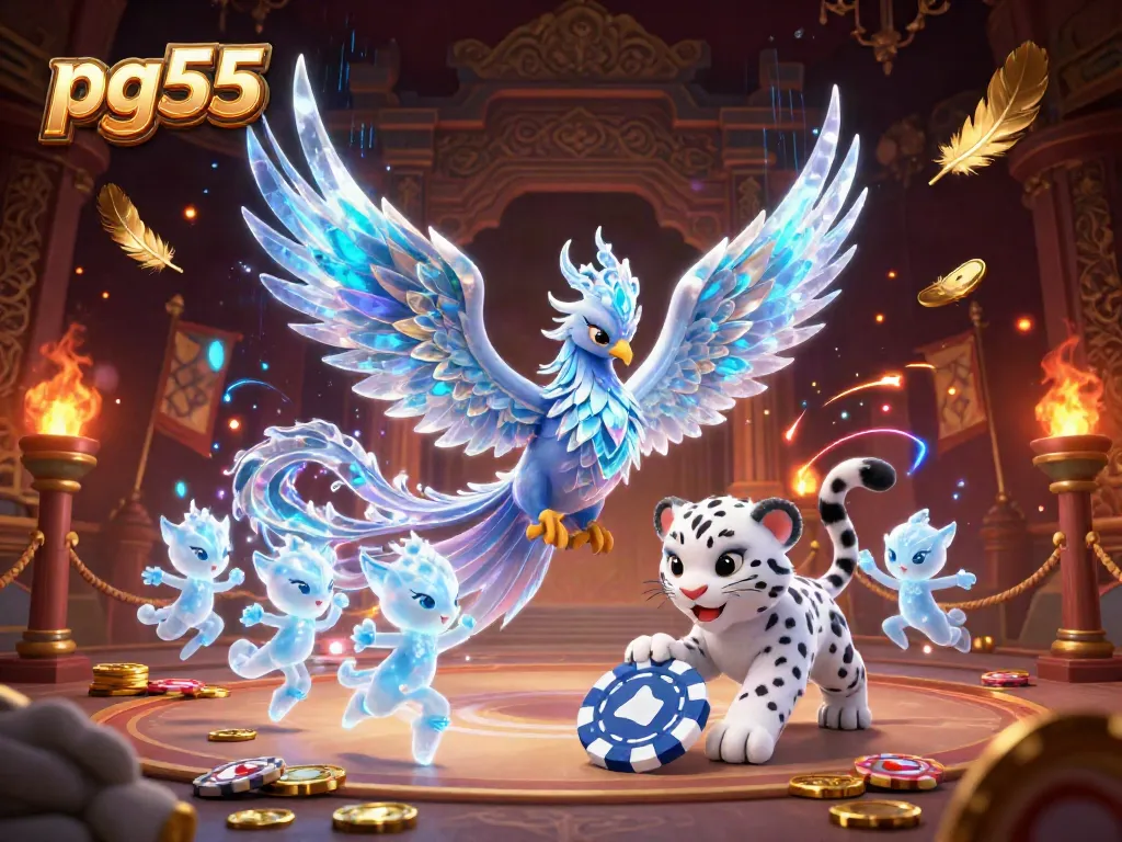 Engage in thrilling gameplay at pg55 with an ice phoenix and vibrant casino elements in a captivating setting.