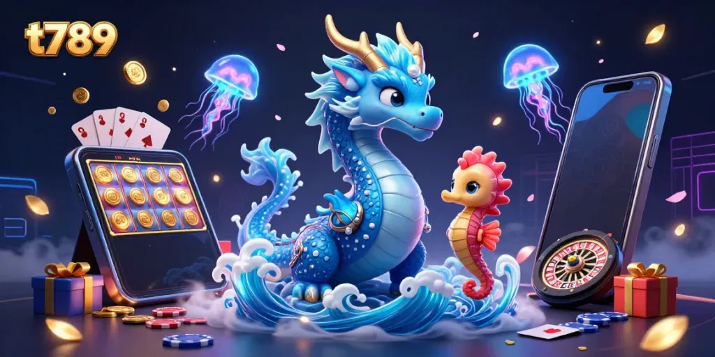 T789 showcases an exciting 3D dragon and seahorse knight surrounded by vibrant gambling elements, capturing thrilling casino excitement.