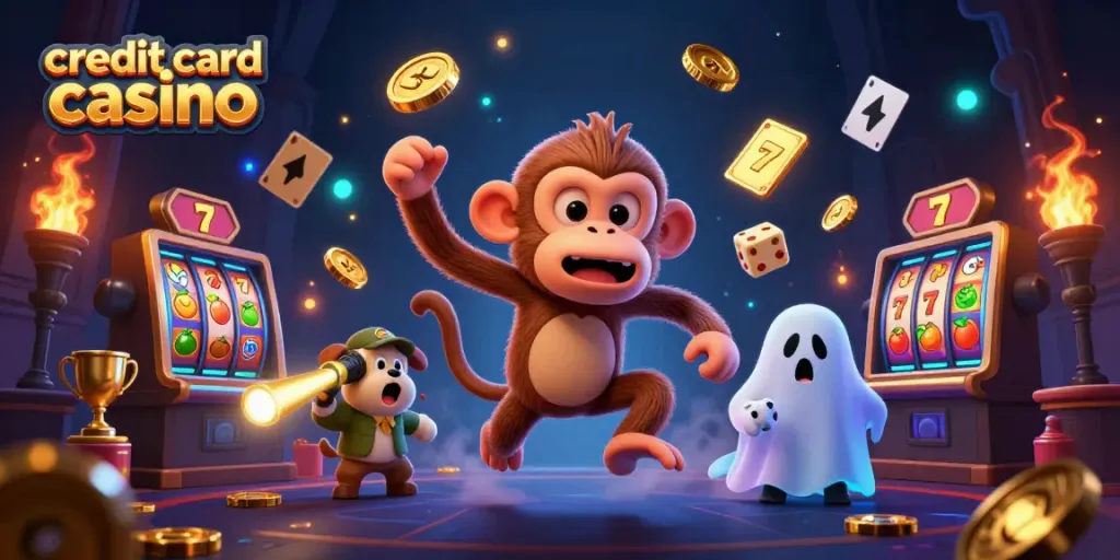 Experience thrilling action at a credit card casino with golden elements and lively characters.