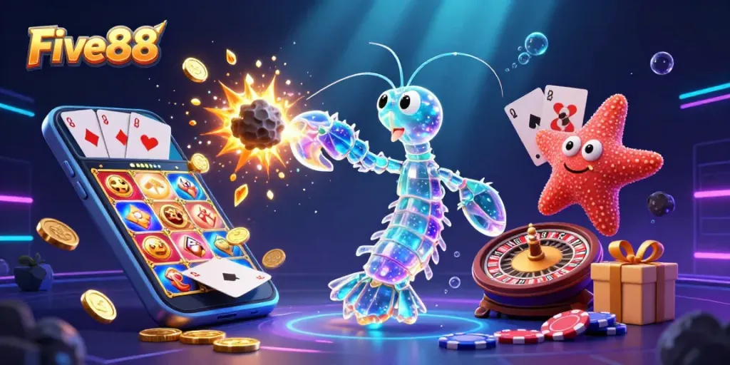 Engage in thrilling gameplay with Five88's vibrant casino offerings featuring digital art of galactic samurai and casino elements.