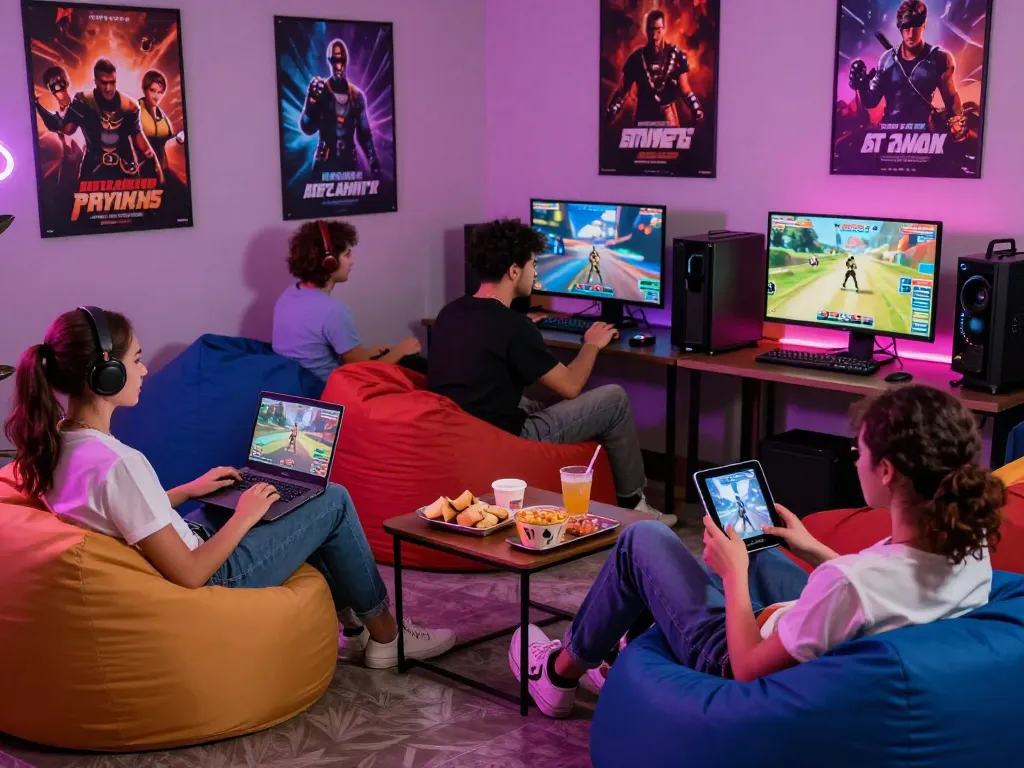 Friends enjoying online porn games in a vibrant gaming lounge as they engage with various devices.