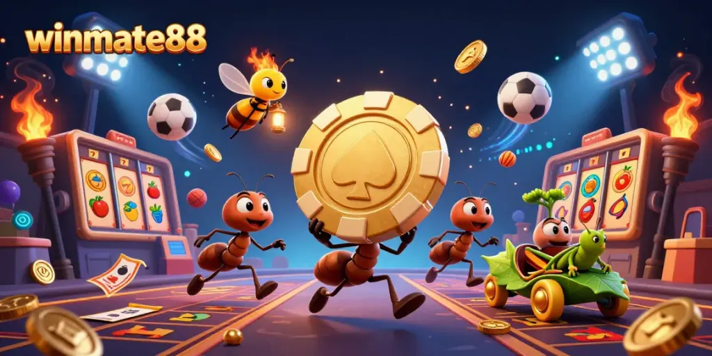 Winmate88 ants carry a giant poker chip through a vibrant casino-themed tunnel.