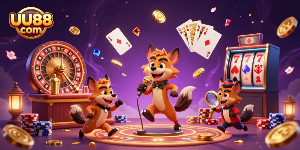 Experience lively gambling fun at UU88 com with animated hyenas in a vibrant casino scene.