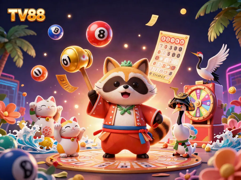 Experience the excitement of TV88 with a vibrant 3D scene featuring cheerful characters and dynamic casino elements.