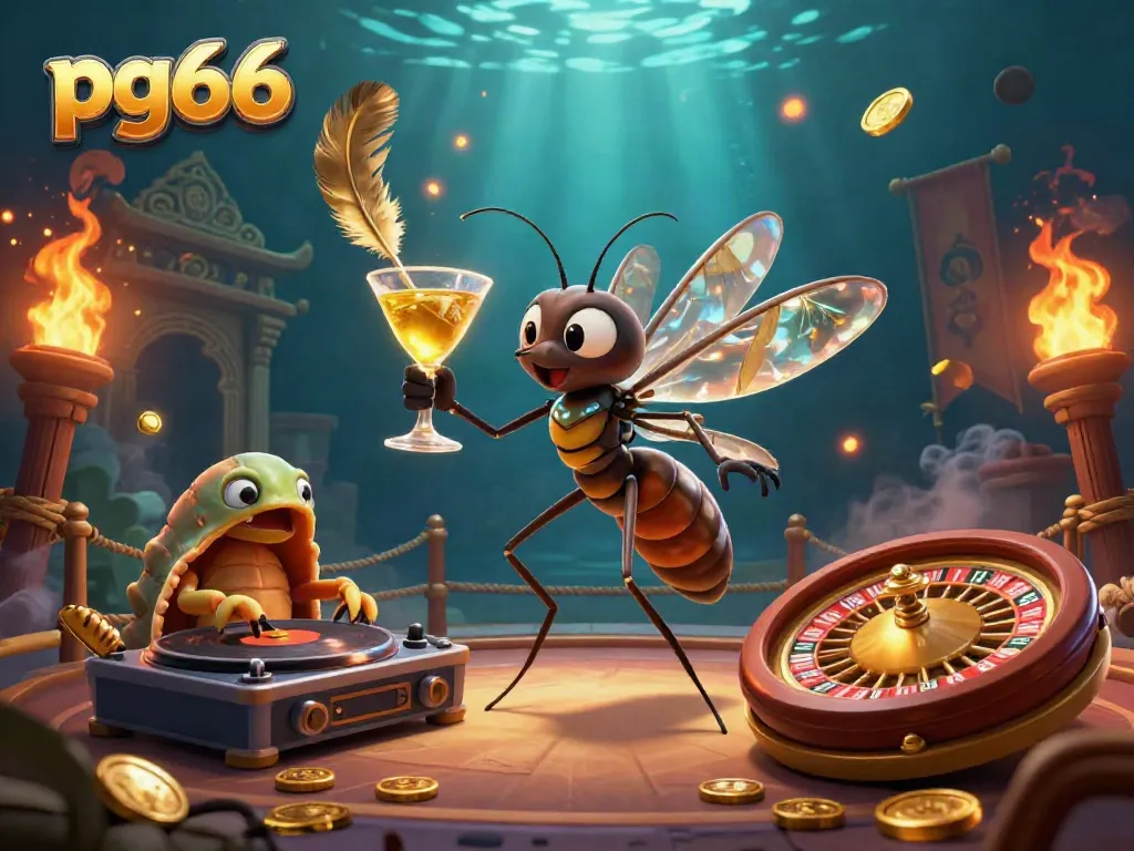 Experience thrilling moments at pg66, where a frozen-in-amber mosquito mascot meets a trilobite DJ in a vibrant gambling scene.