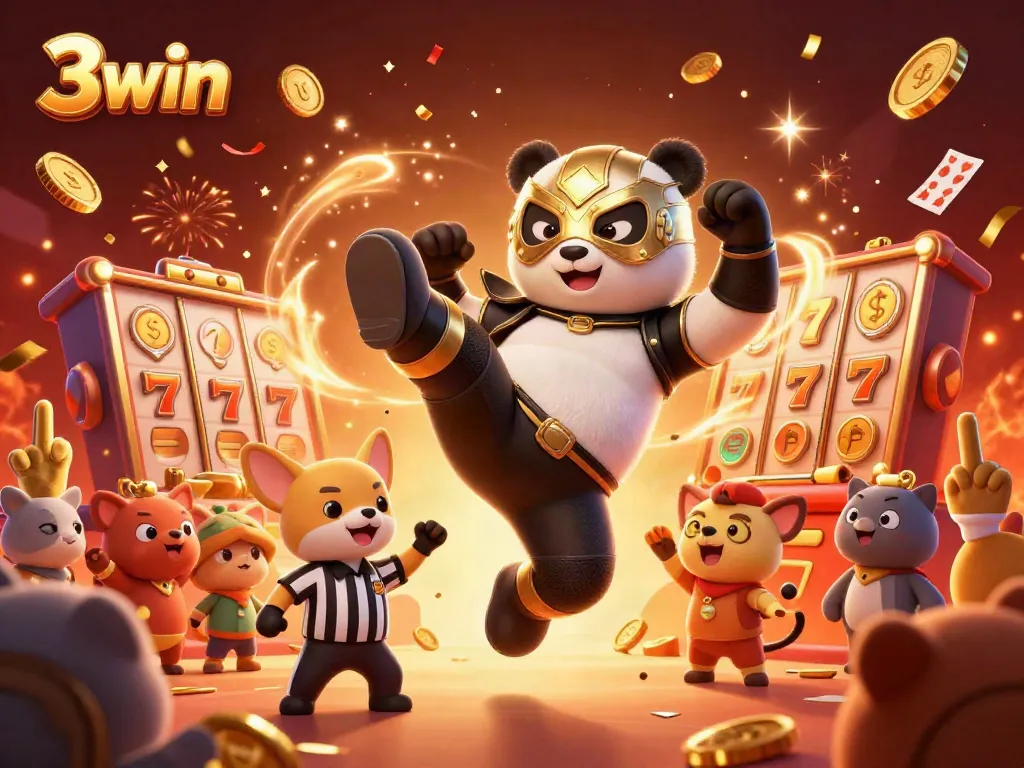 Experience the thrill of 3win with a flying panda wrestler and festive casino elements in a vibrant scene.