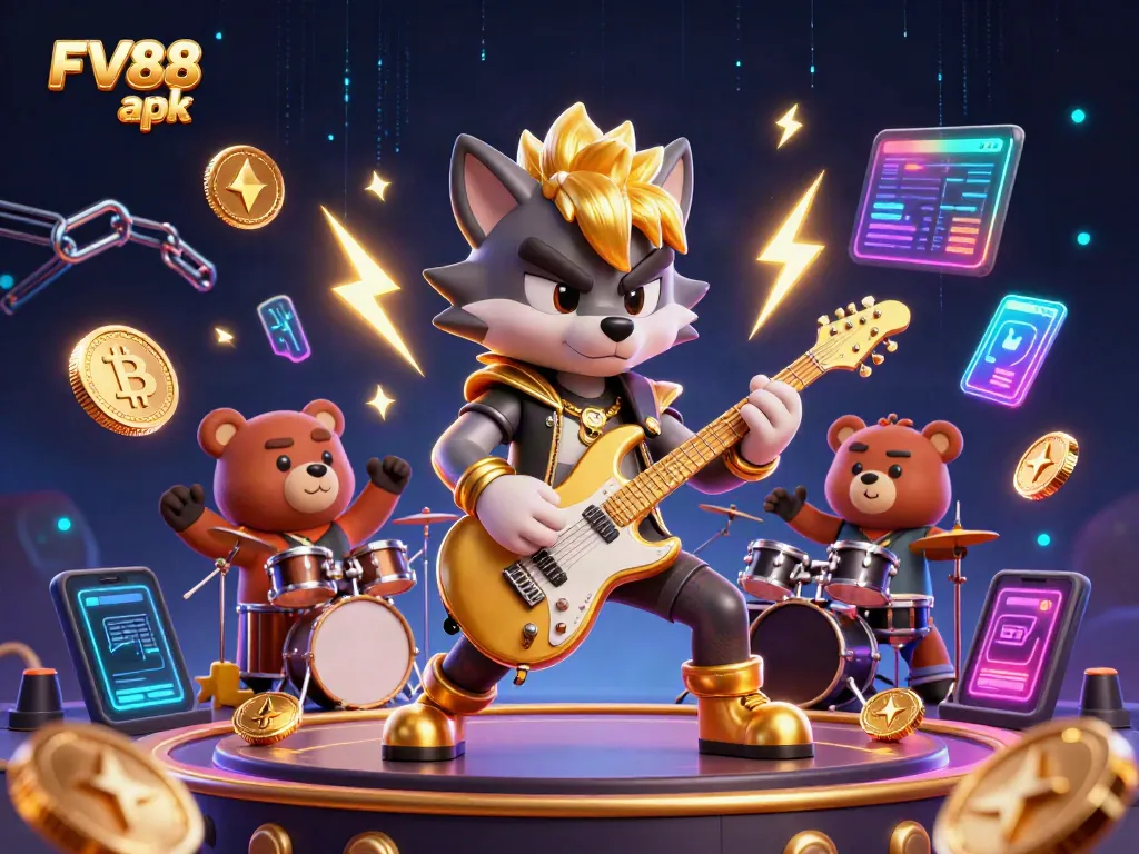 Join the excitement with FV88 apk, as a rock star wolf and drummer bear perform on a vibrant casino stage.