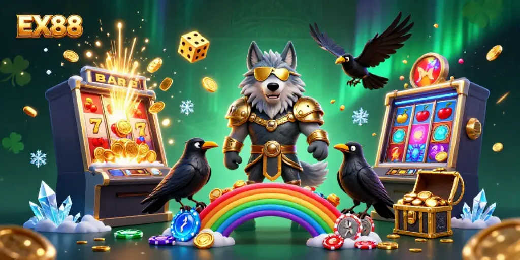 Experience thrilling gaming at EX88, featuring a vibrant scene with Odin, luck symbols, and lavish casino elements.