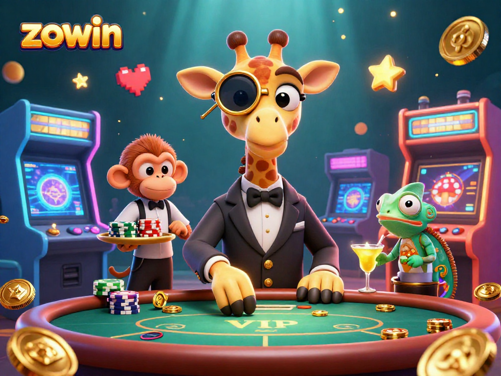 Experience the thrill of zowin with a VIP giraffe, playful monkey, and chameleon bartender in a bustling casino scene.