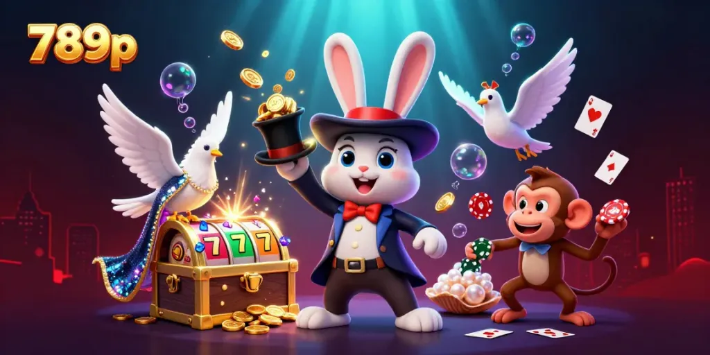 Engage with 789p's vibrant scene featuring a magician rabbit amidst casino treasures and playful elements.
