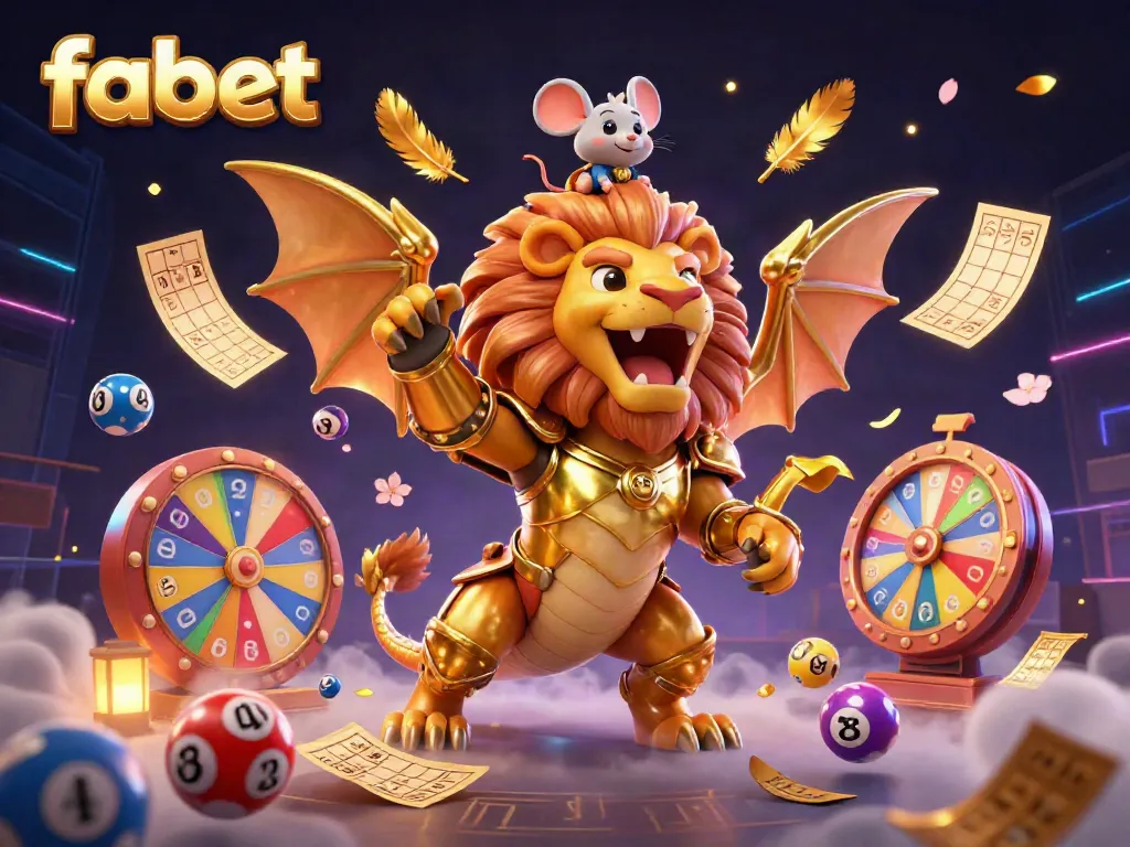 Experience the vibrant atmosphere of fabet with a roaring chimera and dynamic casino elements in 3D art.