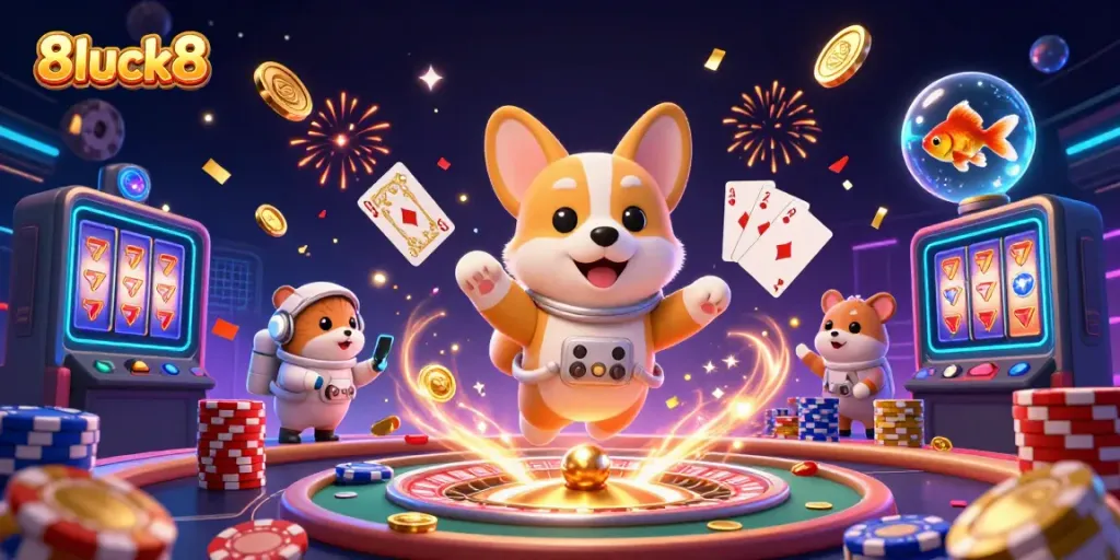 Join the thrill of 8luck8's space casino adventure with a corgi astronaut and sparkling treasures.