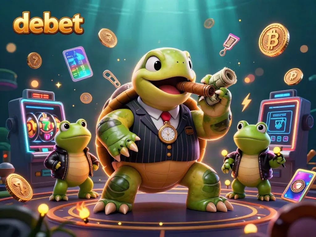 Engage with exciting debet gameplay featuring colorful slots, crypto coins, and bold characters in a vibrant casino scene.