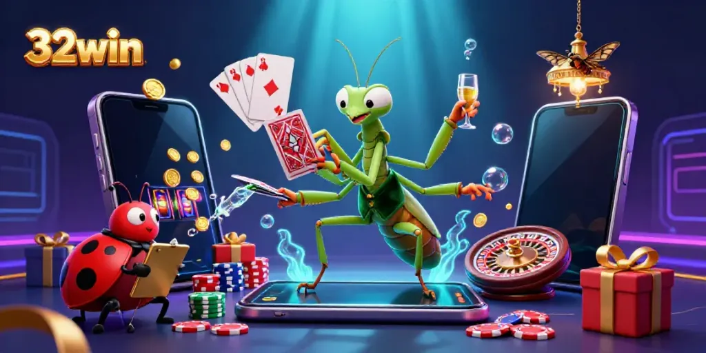 Exciting 32win casino scene with a giant praying mantis dealer and a ladybug pit boss amidst vibrant gaming elements.