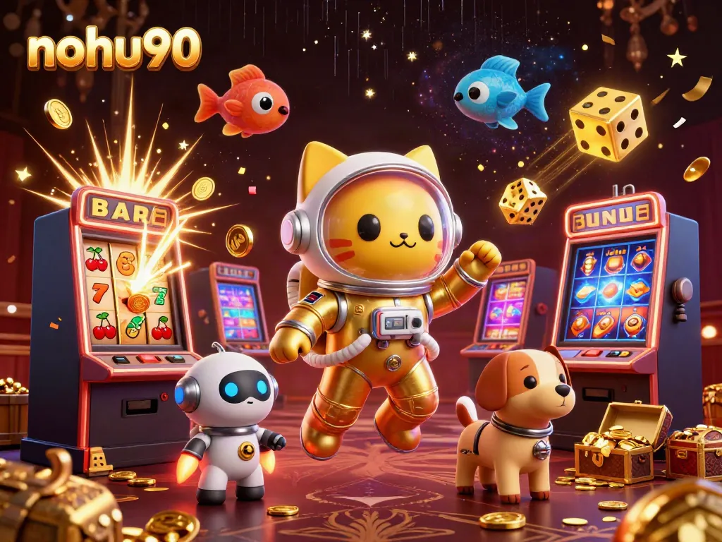 Nohu90 features a thrilling scene with a space cat astronaut and robot dog in a vibrant casino atmosphere.