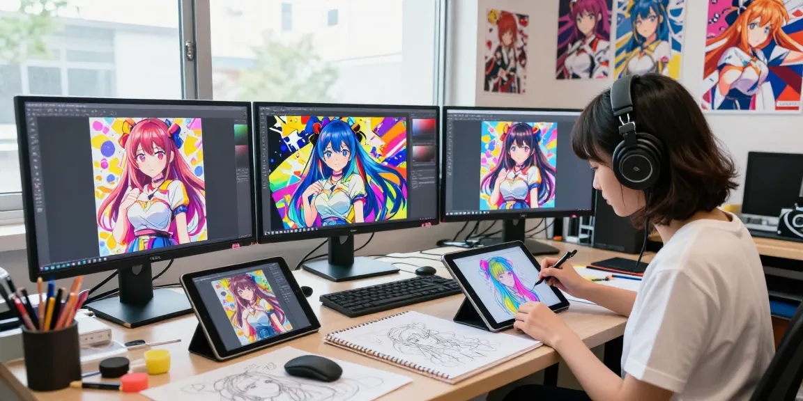 AI ecchi artist creating vibrant digital art in a colorful studio.