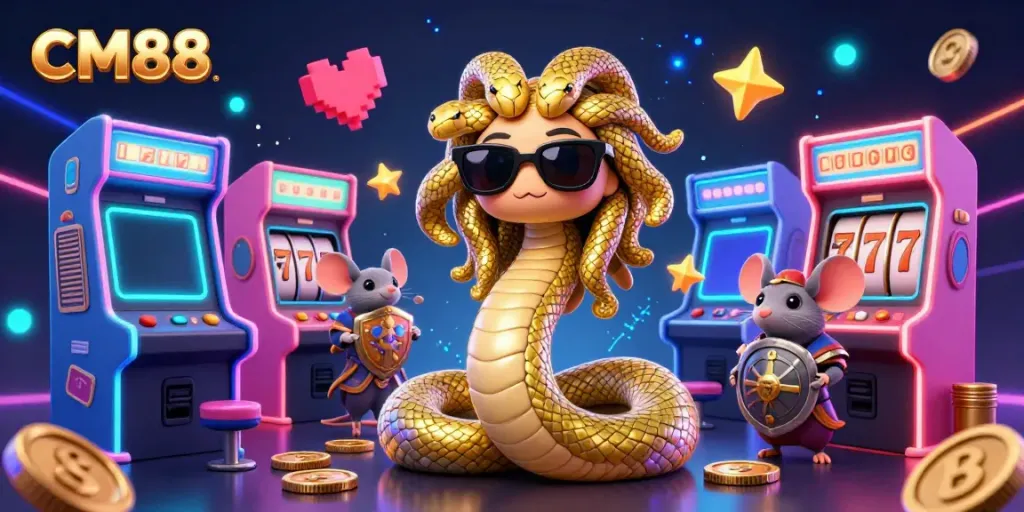 Engage with CM88's vibrant online casino experience featuring colorful gaming elements and characters.