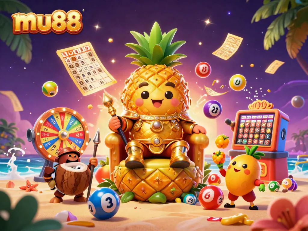Join the fun at mu88 with a vibrant scene of a pineapple king surrounded by festive gaming elements.