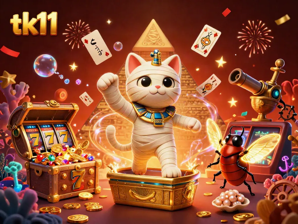 Engage in thrilling gameplay with tk11 featuring an Egyptian mummy cat and casino elements.