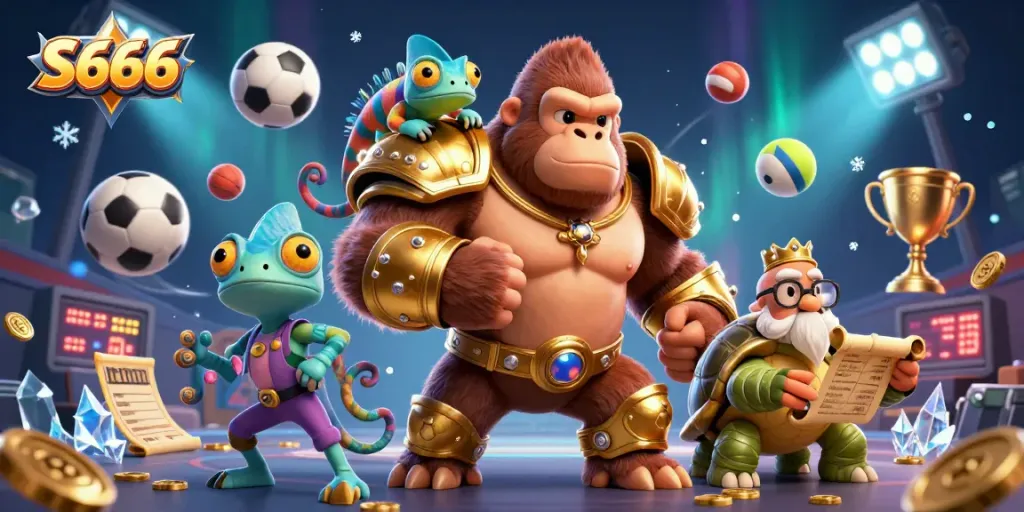 Experience exciting S666 gaming adventures with our powerful gorilla king and colorful chameleon in a vibrant 3D world.